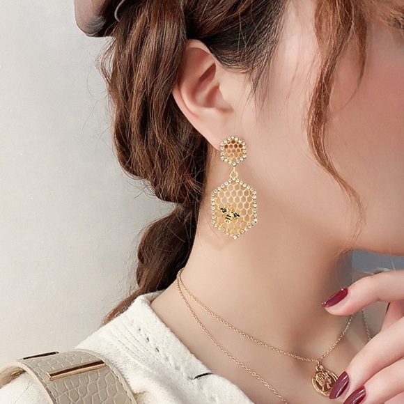 Gold Crystal Honeycomb Earrings with Bumblebee - Picture 2 of 16
